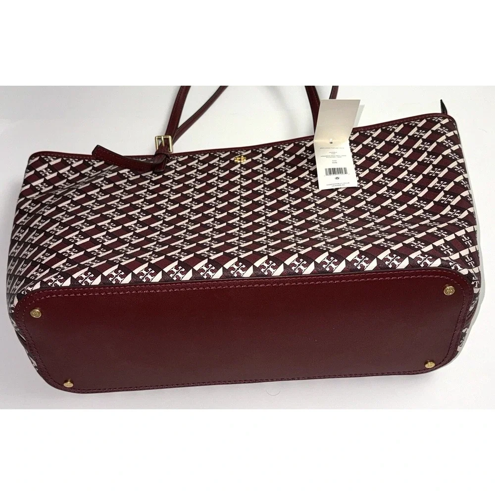 Tory Burch Geo Logo Top Zip Tote Crimson Red Purse Designer Shoulder Bag $398